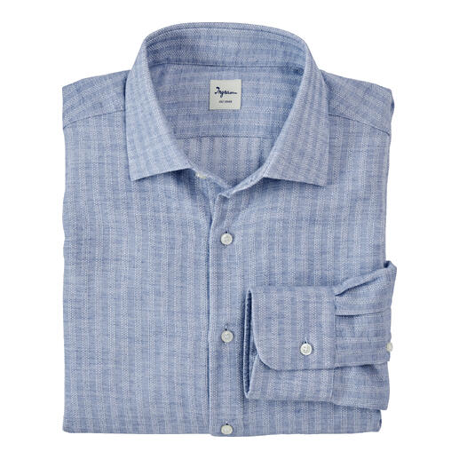 Lichtblauw gestreept jacquard shirt met opgerolde mouw.