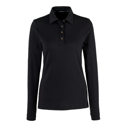 Zwart Pima-interlock-polo met knoopsluiting op een witte achtergrond.