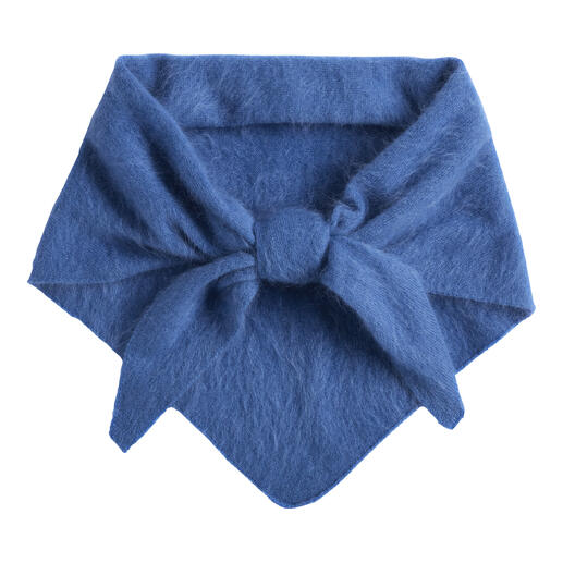 Blau kasjmier sjaal met knoop in het midden.