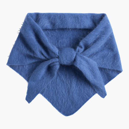 Blau kasjmier sjaal met knoop in het midden.
