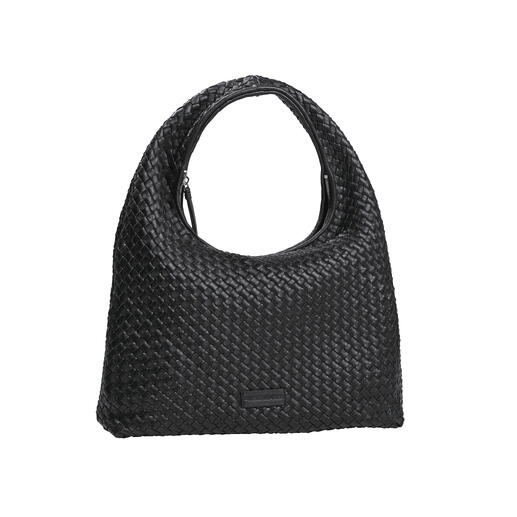 Zwarte hobo geweven tas, met brede schouderband en elegant ontwerp.