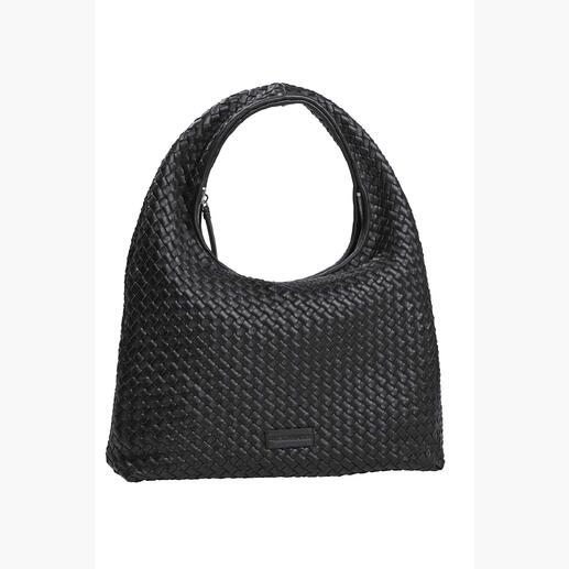 Zwarte hobo geweven tas, met brede schouderband en elegant ontwerp.