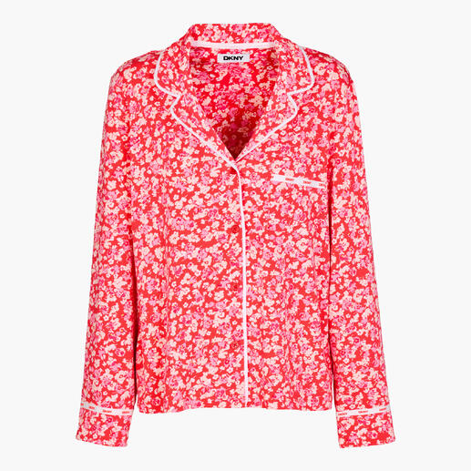 Rood DKNY pyjama shirt met bloemenprint, vooraanzicht.
