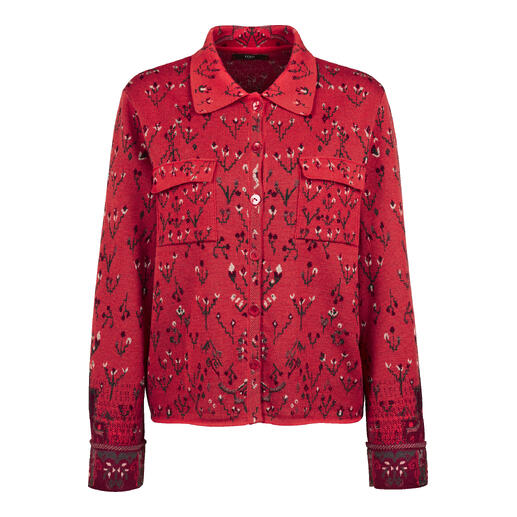 Rode jacquard gebreide blouse met twee zakken en knopen.