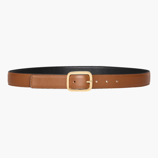 Tweedelige allround riem in bruin en zwart, met een gouden gesp.