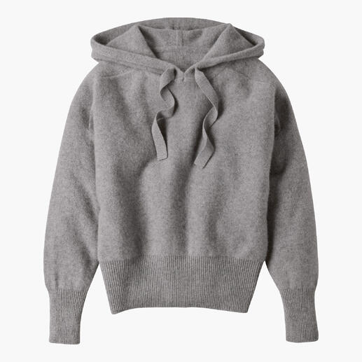 Junghans 1954 Boiled Cashmere hoodie, dames Hoe wordt verfijnd kasjmier nog zachter, nog warmer? Met heet water. Grijze Boiled Cashmere D-Hoodie op een lichte achtergrond