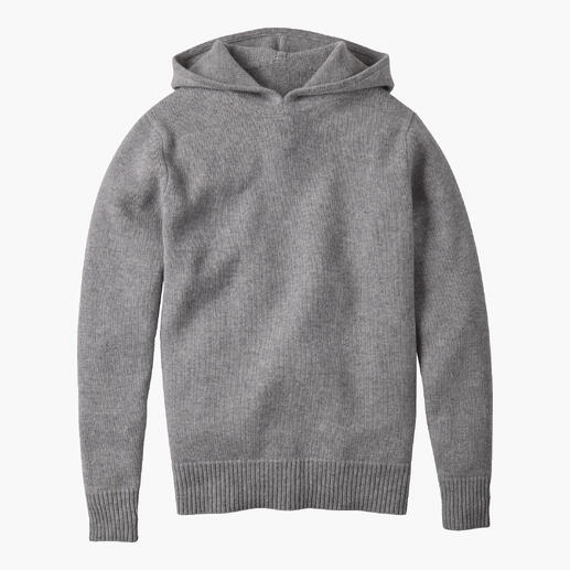 Junghans 1954 Boiled Cashmere hoodie, heren Hoe wordt verfijnd kasjmier nog zachter, nog warmer? Met heet water. Grijze Boiled Cashmere H-Hoodie op een lichte achtergrond