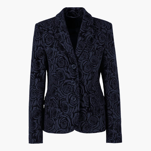 Flanellen blazer met rozendessin De elegante blazer voor koele dagen: chic geflockt rozendessin, weldadig warm wolflanel. Zwart rozen flanel blazer met bloemenpatroon