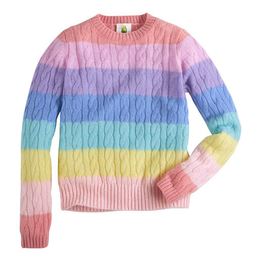 Gestreepte kabeltrui in pastelkleuren, op een witte achtergrond.