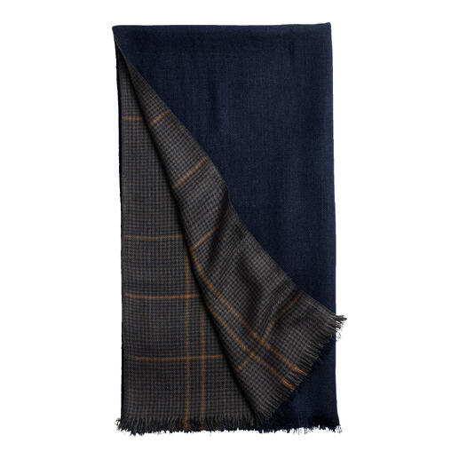 Reversible sjaal van viscose in donkerblauw en grijsblauw ruitpatroon.