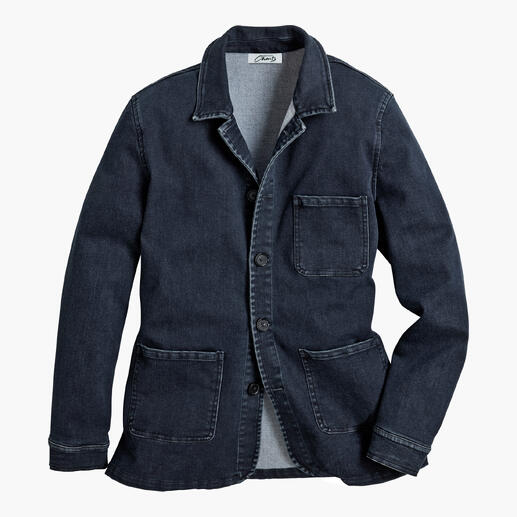 Kasjmier denim shacket in donkerblauw op een witte achtergrond.