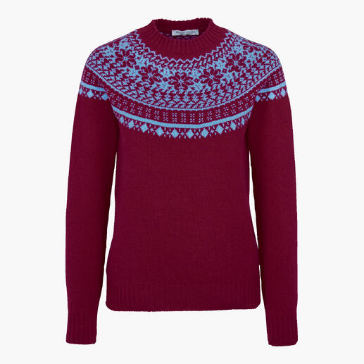 Voorkant van een William Lockie Fair-Isle trui in rood met blauw patroon.