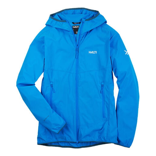 Ultralight-H-softshelljack in blauw aan een hanger.