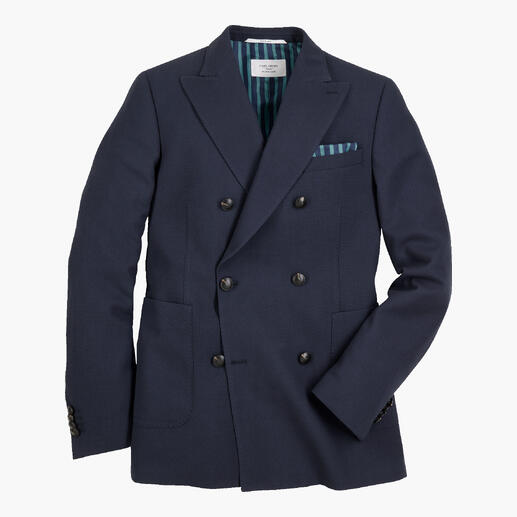 Donkerblauwe Pinpoint-blazer met dubbele knoopsluiting en brede revers.
