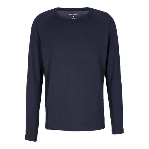 Donker pyjama-shirt voor mannen, frontaal afgebeeld.