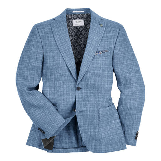 Blauwe crinkle linnen blazer met een hoogwaardige patroon.