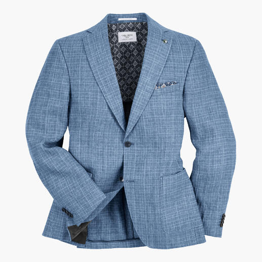 Blauwe crinkle linnen blazer met een hoogwaardige patroon.