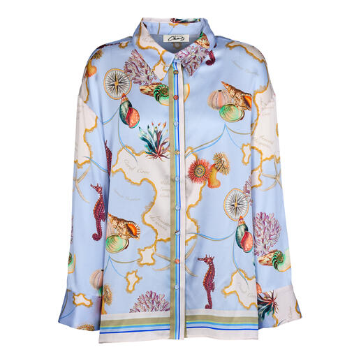 Zijde-stretch blouse met kleurrijke maritieme print op een witte achtergrond.