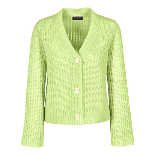 Heldere, groen gestructureerde cashmere-katoen cardigan met knopen, van voren.