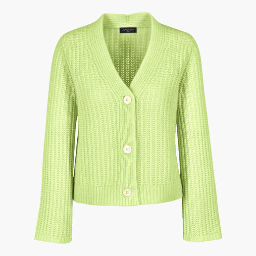 Heldere, groen gestructureerde cashmere-katoen cardigan met knopen, van voren.