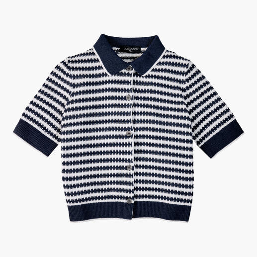 Wafel gebreid polo in blauw-écru, modern gesneden met korte mouwen.