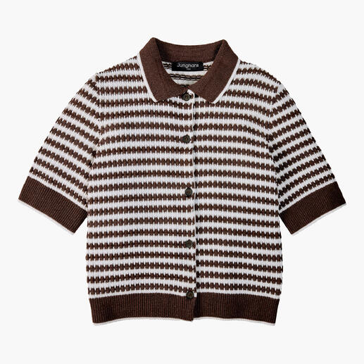 Wafel gebreid polo in koffie-ecru, modieus met korte mouwen en knoopsluiting.