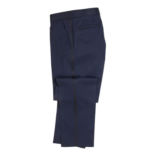 Marineblau smoking broek van fijn materiaal met klassieke stijl.