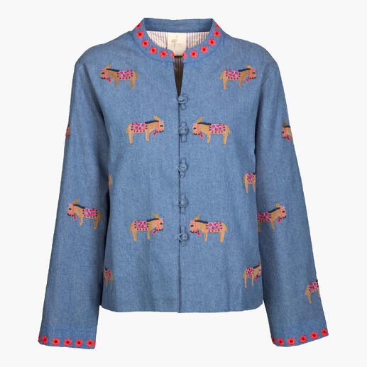 Jeansjack met borduurwerk in blauw met een nostalgisch ontwerp.