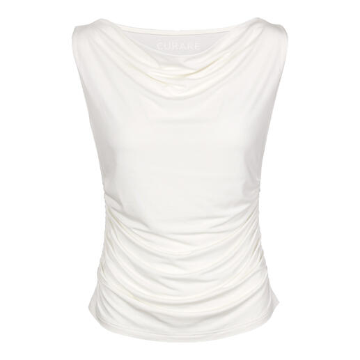 Wit yoga-shirt met watervalhals, frontaal afgebeeld.