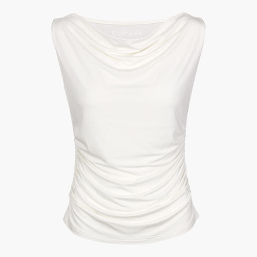 Wit yoga-shirt met watervalhals, frontaal afgebeeld.