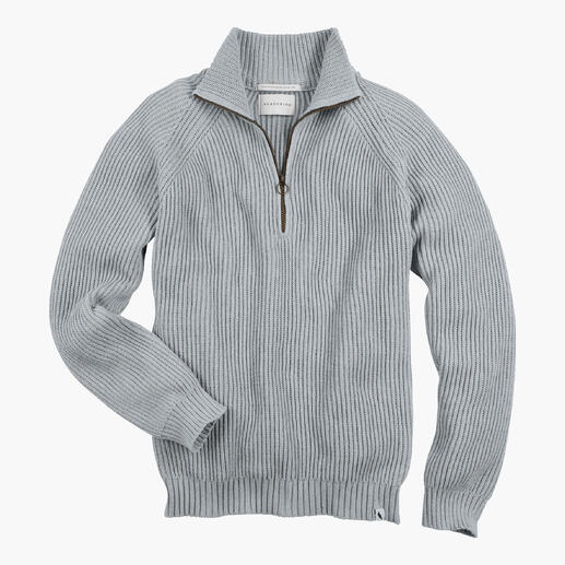 Lichtgrijze ribbeltrui met rits, frontaal afgebeeld.