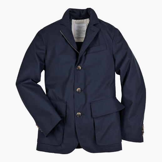 Lodenfrey Allwetter-jack in donkerblauw, open, met veel zichtbare details