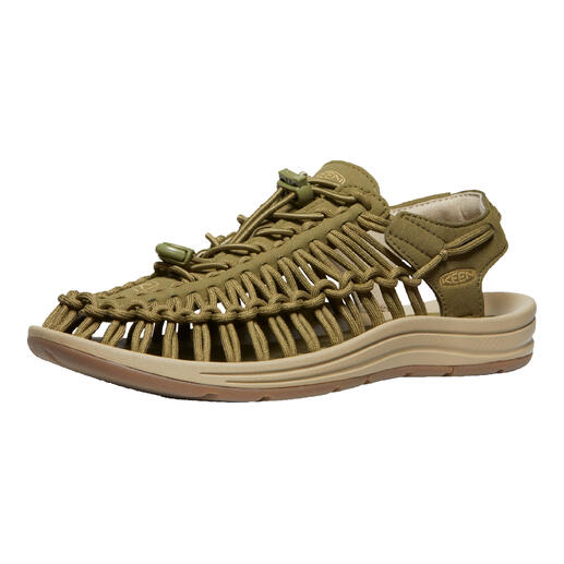 Keen Outdoor-sandalen Uneek in olijfgroen met gevlochten bovenwerk.