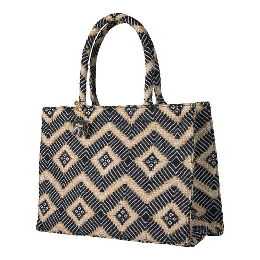 Zwarte jacquard shopper met ruitenpatroon en handvatten.