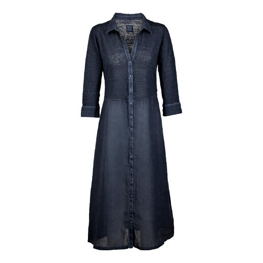 Donkerblauwe linnen combinatie jurk met knoopsluiting en lange snit