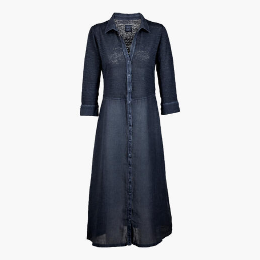 Donkerblauwe linnen combinatie jurk met knoopsluiting en lange snit