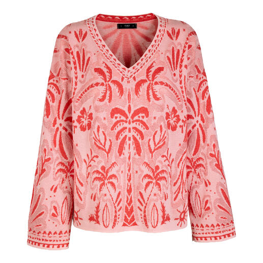 Roze jacquard trui met bloemontwerp en losse pasvorm