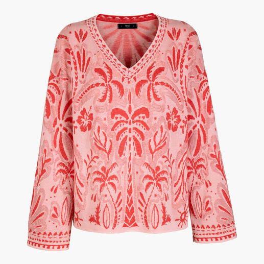 Roze jacquard trui met bloemontwerp en losse pasvorm