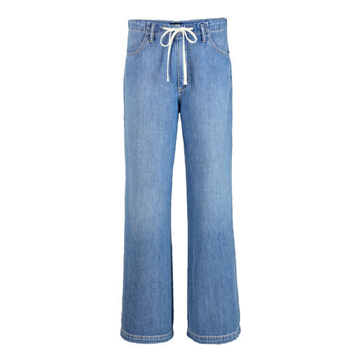 Voorkant van een blauwe katoen jeans met trekkoord