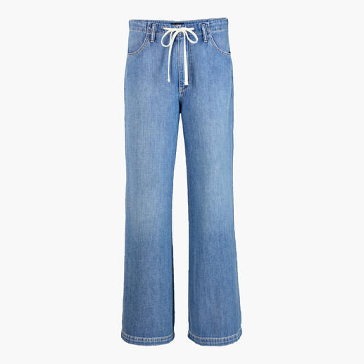 Voorkant van een blauwe katoen jeans met trekkoord