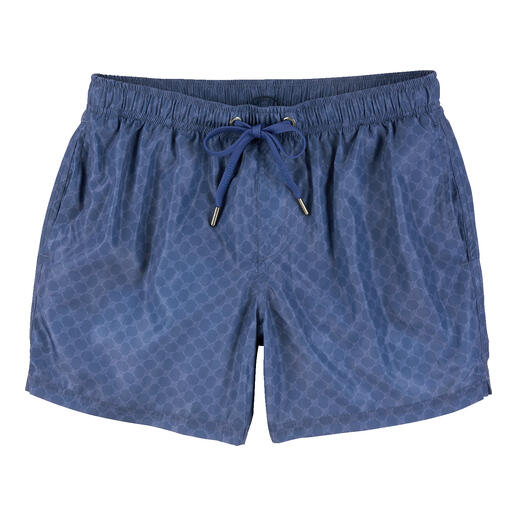 Zwemshorts in marineblauw met patroon en trekkoord.