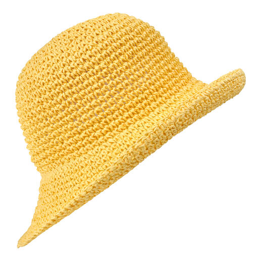 Roeckl paper-crochet hoed in geel, detailopname van de haakstructuur.