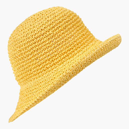 Roeckl paper-crochet hoed in geel, detailopname van de haakstructuur.
