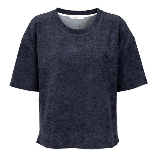 Donkerblauwe frottee t-shirt met korte, ruime snit.