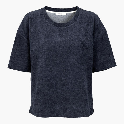 Donkerblauwe frottee t-shirt met korte, ruime snit.