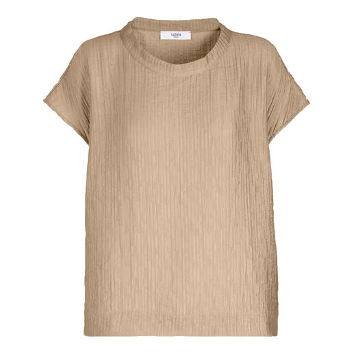 Luchtige crash-blouse in zandkleur met zachte stof en korte mouwen, maat 34.