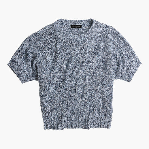 Blauw gemêleerd shirt met korte mouwen, zachte breistructuur.