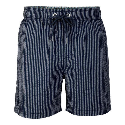 Navy seersucker zwembroek, maat 46, op een witte achtergrond.