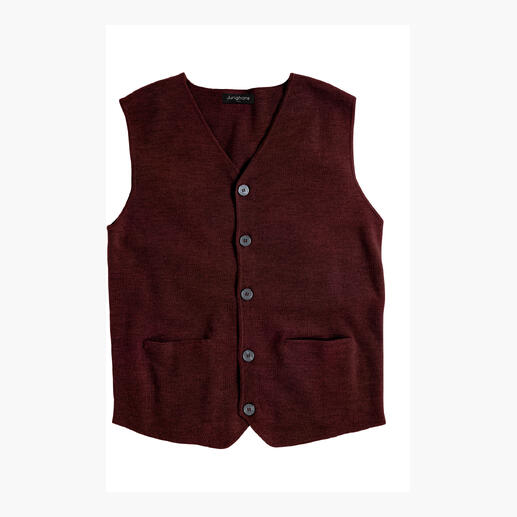 Bordeaux kleurige vest met knopen en zakken op een witte achtergrond.