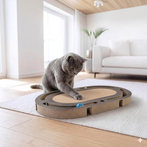 Kat speelt met een krabspel in de woonkamer op een lichte vloerbedekking.